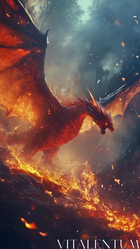 Inferno-winged dragon storms through a blazing forest battlefield.