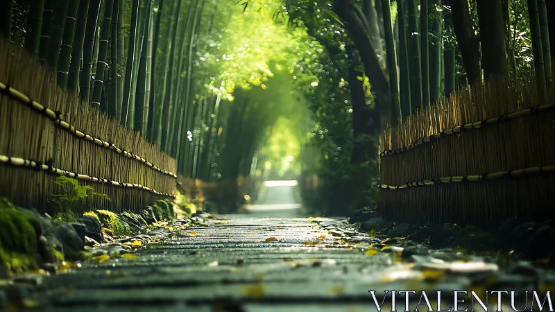 Narrow stone pathway through dense bamboo grove with fences.