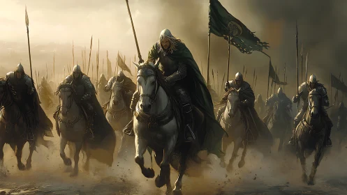Galloping elven cavalry charging through stormlit battlefield.