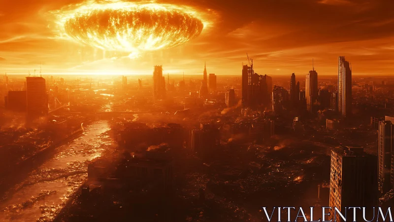 Apocalyptic orange skyline under colossal solar blast.