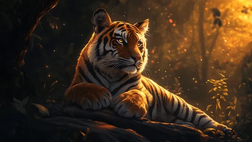 Sunlit jungle monarch resting in drifting ember glow.