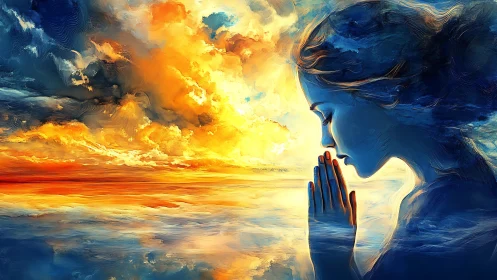Praying girl silhouette against blazing abstract sunset sky.