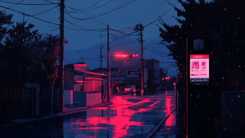 Neon rainwater braids quiet city streets into glowing rivers