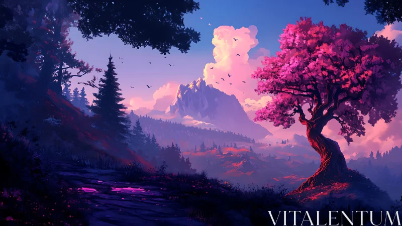 Enchanted pink tree overlooks glowing twilight mountainscape.