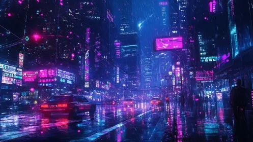 Neon-saturated cyberpunk boulevard in volumetric rainstorm.