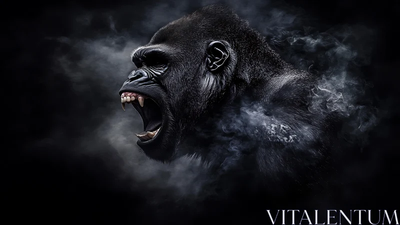 Photorealistic side-profile of roaring gorilla in dark vapor field.