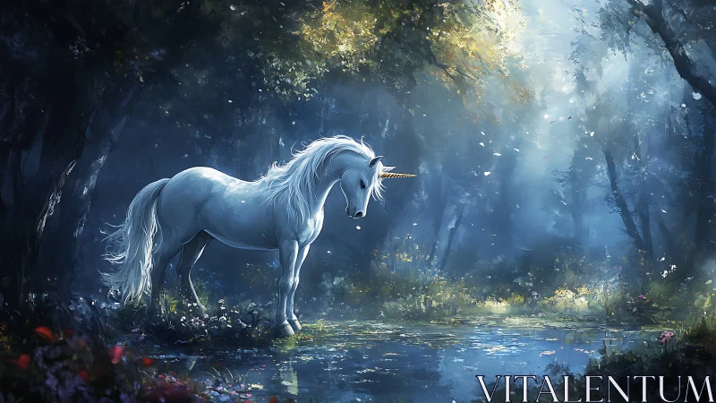 White unicorn stands beside reflective pond in misty forest