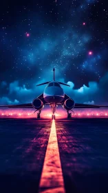Jet fuselage aligned under neon runway and galactic sky.