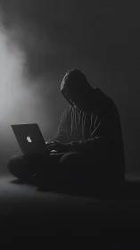 Hooded midnight coder carving secrets from grayscale fog.