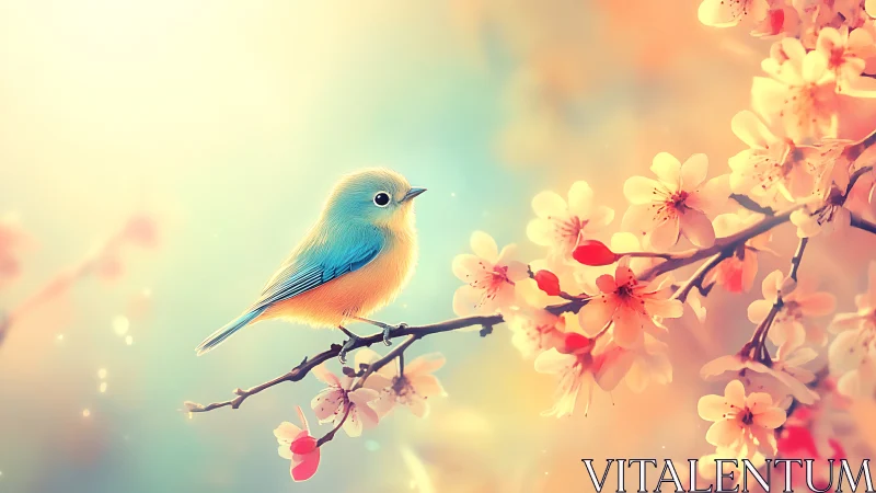 Small blue bird perched on flowering branch against soft gradient background.