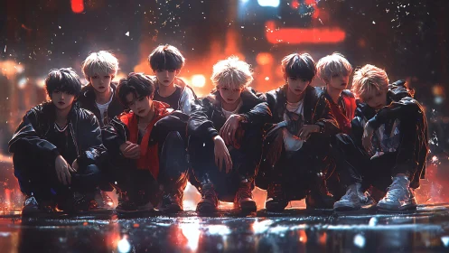 Group of nine youths in stylized night city environment.