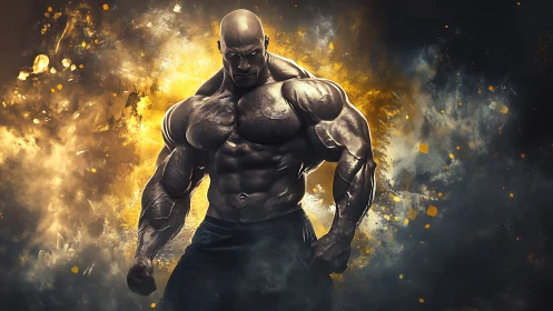 Titanic bodybuilder stands in blazing golden storm.