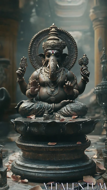 Bronze Ganesha statue on lotus pedestal in soft temple light