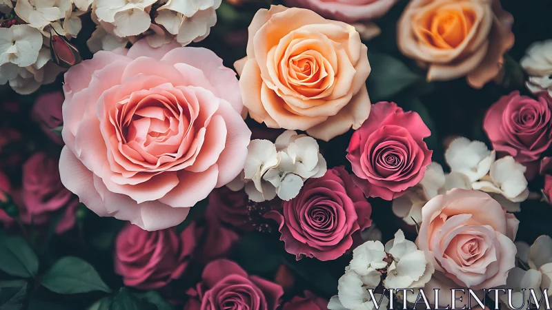 Layered floral arrangement displaying roses and secondary blooms