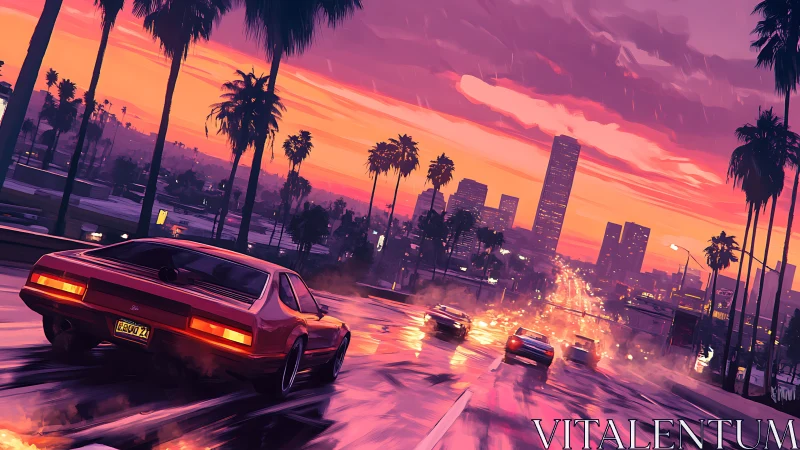 Retro sports car racing through neon sunset boulevard.