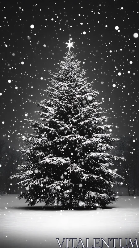 Snow covered outdoor Christmas tree with star topper.