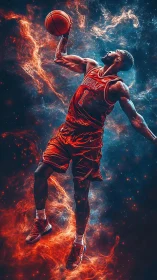 Soaring basketball dunk framed by fiery cosmic energy field.