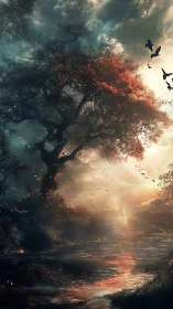 Sunlit forest river with dark tree and glowing mist.