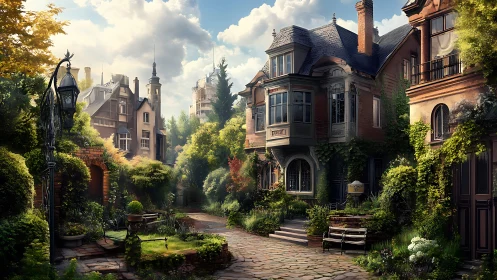 Sunlit ivy lane embracing storybook townhouses in bloom.