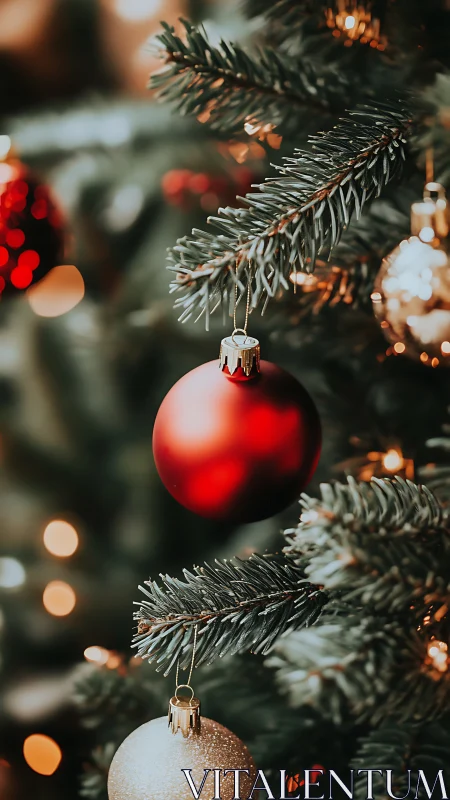 Red and gold ornaments glow softly on a Christmas tree.