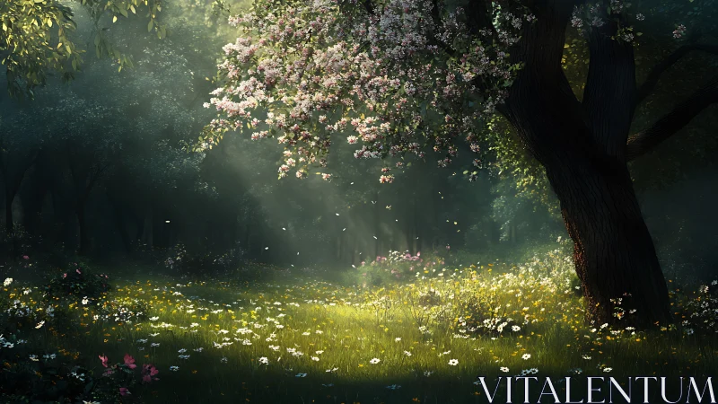 Luminous Glade: Ethereal Blossoms Dance Through Morning Mist