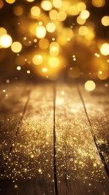 Golden bokeh cascade over rustic boards in festive shimmer.