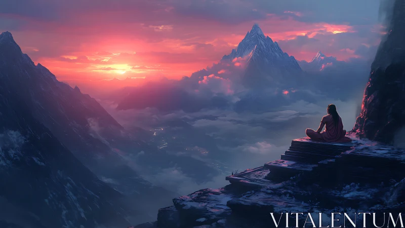 Solitary meditator above glowing cloudlit mountain range.
