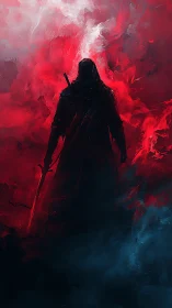 Hooded swordsman silhouette in red and blue swirling mist.