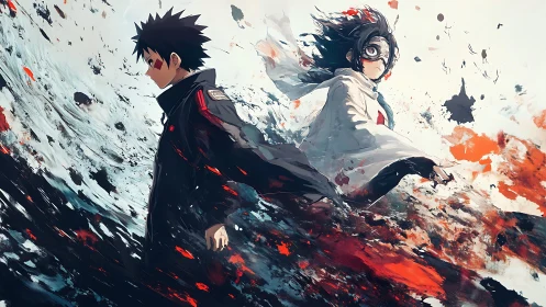 Dynamic anime duo in turbulent abstract paint burst motion field