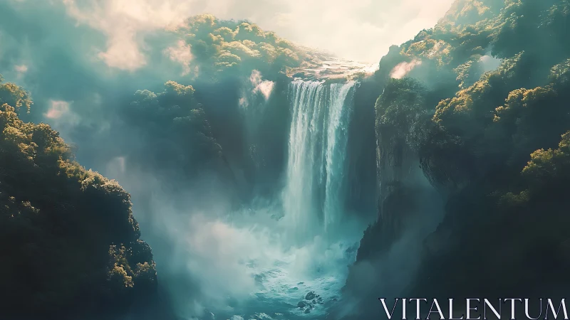 Mist-crowned thunderfall pouring into a hidden emerald abyss.