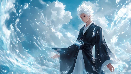 White haired swordsman controls swirling water and sky.