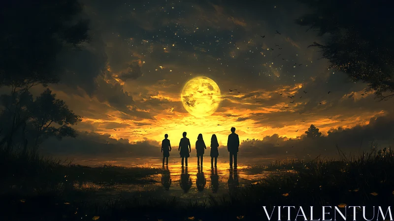 Silhouetted figures stand before oversized golden moon at dusk
