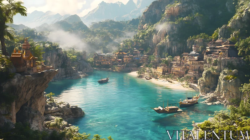 Sunlit jade harbor cradling cliff temples and hidden port.