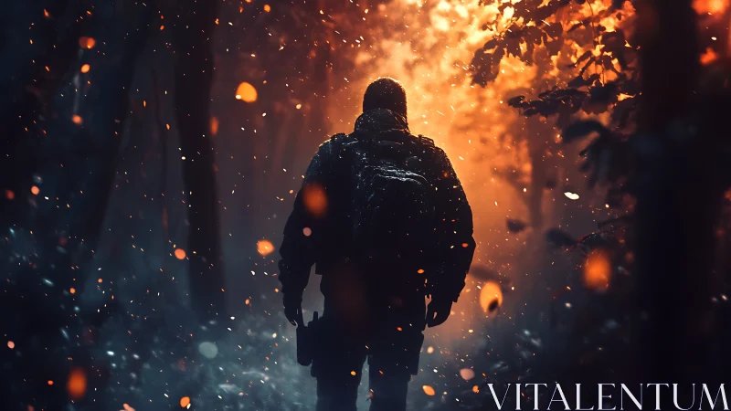 Lone hiker walks through fiery glowing forest path at dusk.