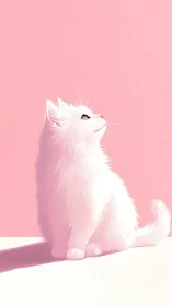 White Fluffy Cat Looking Upward Against Pink Background.
