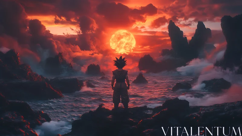 Cel‑shaded warrior surveying volcanic ocean at hyperreal sunset.
