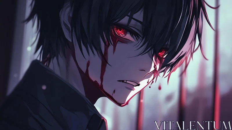 Haunted boy with blood-red eyes stares through fading twilight