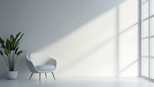 Sunlit white lounge chair in minimalist interior corner.