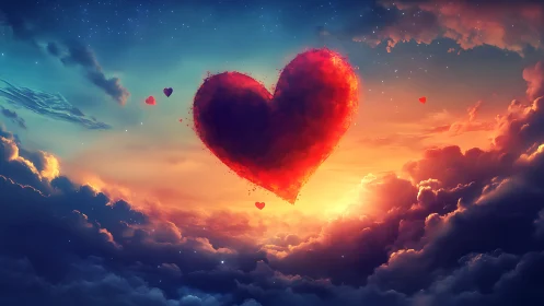 Large crimson heart shape positioned centrally within cloudscape.