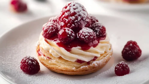 Raspberry cream pastry with powdered sugar on white plate.