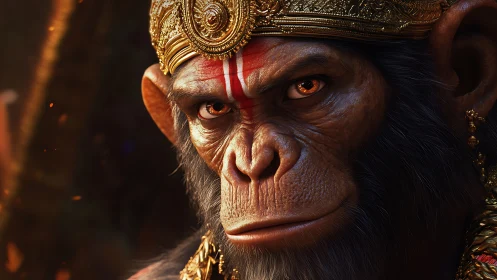 Regal warrior chimp with ornate crown and sacred markings.