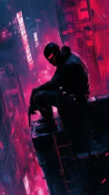 Cyberpunk sniper silhouette above neon magenta megastructures.