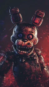 Burned animatronic rabbit stalks through molten shadows.