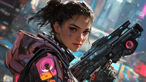 Cyberpunk woman holding rifle in neon cityscape portrait.