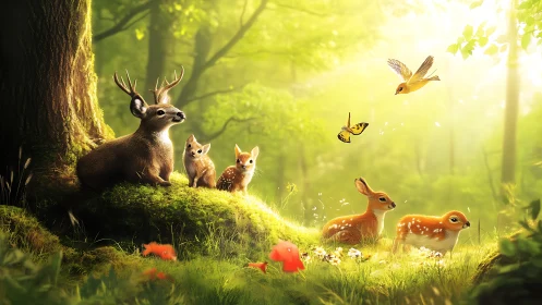 Luminous forest tableau with deer family and airborne fauna.