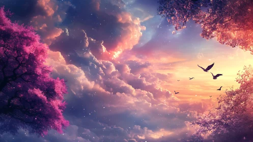 Dreamlike sunset sky unfolds above glowing pink blossoms.