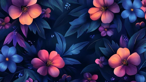 Digital floral composition with gradient-layered flowers on dark background