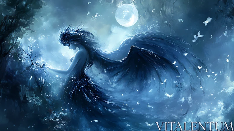 Moonlit winged sorceress drifts through an ethereal forest.