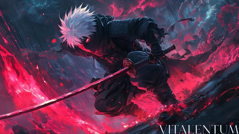 Cyber ninja warrior amid crimson energy storm.