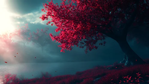 Red tree beside misty lake under dramatic blue light.
